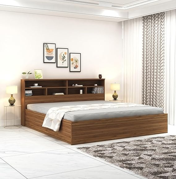 DesignFit Engineered Wood King Size Bed with Box Storage | Wooden Double Bed Cot Palang Furniture for Bedroom Living Room (Walnut Finish) | 1 Year Warranty